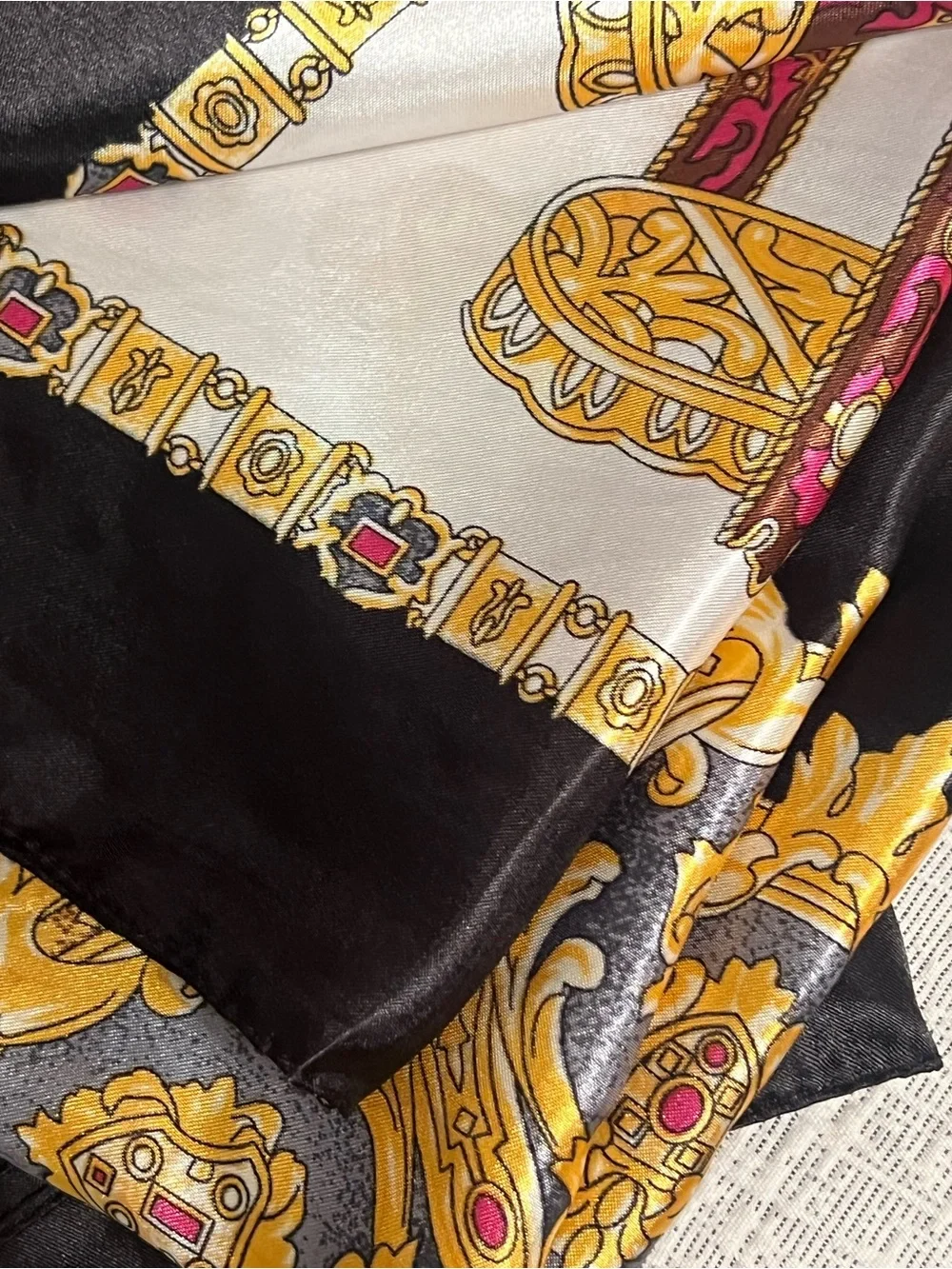 36” Scarf: Silk-Feel Baroque Print Scarf in Black, Gold & Cream